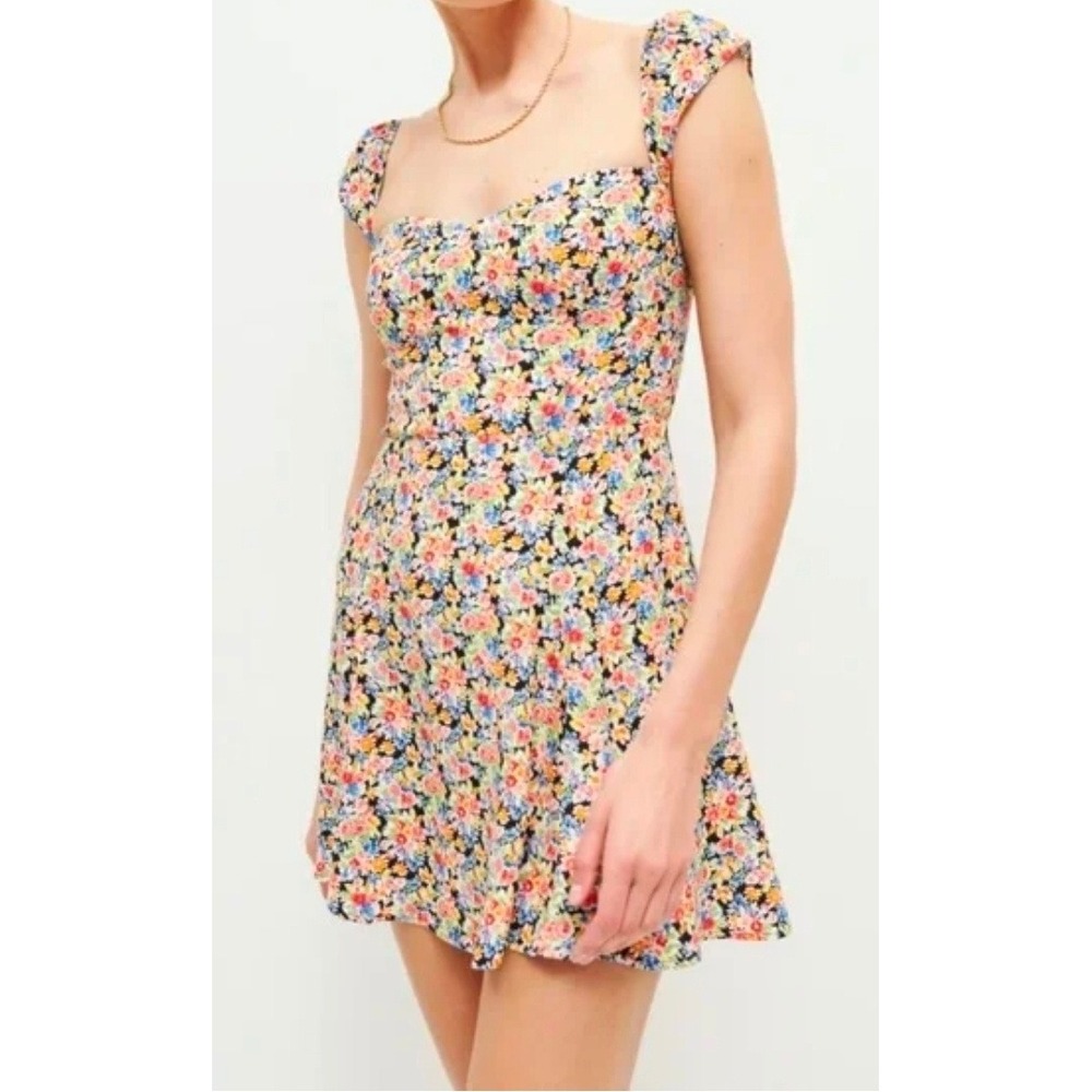 Reformation Floral Sweetheart Mini Dress Smocked Back Multi Color Viscose Rayon